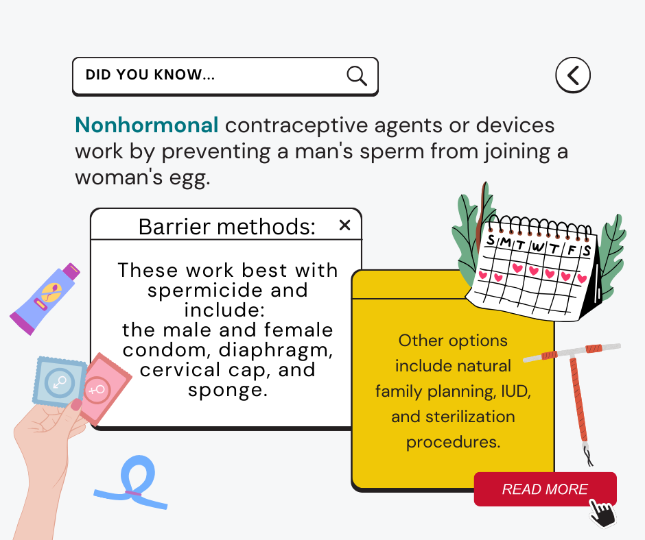 Nonhormonal Contraception methods keep sperm from getting to an egg.